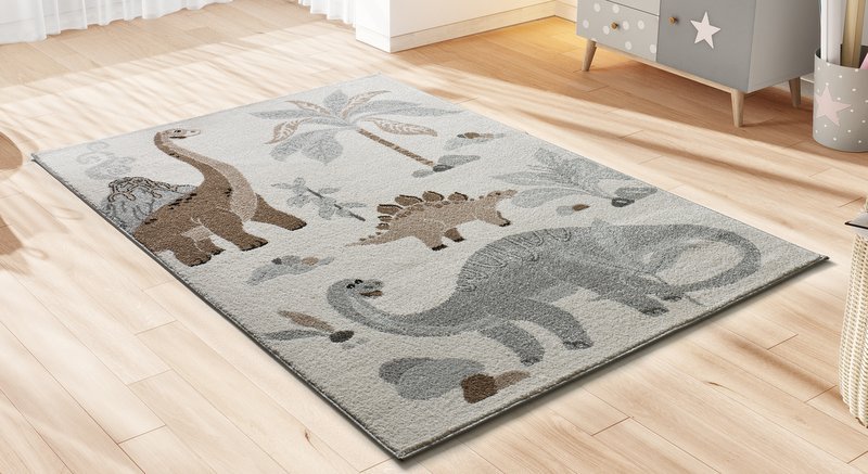 Alfombra infantil de algodón blanco con estampado 120x180 DINO