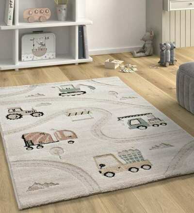 ALFOMBRA INFANTIL CARRETERAS Y TRACTORES 2346 BEIGE