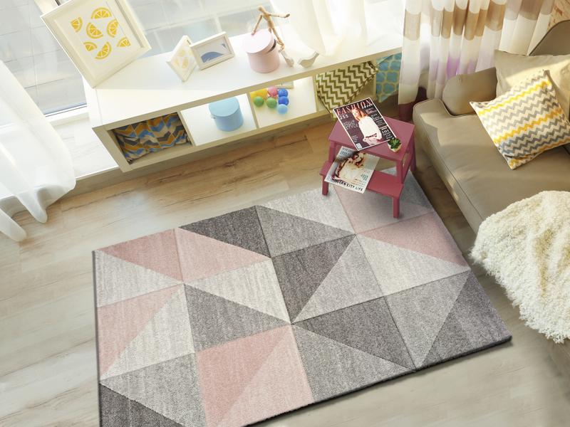 Alfombra salón diseño moderno pelo corto estampado block gris rosa blanco